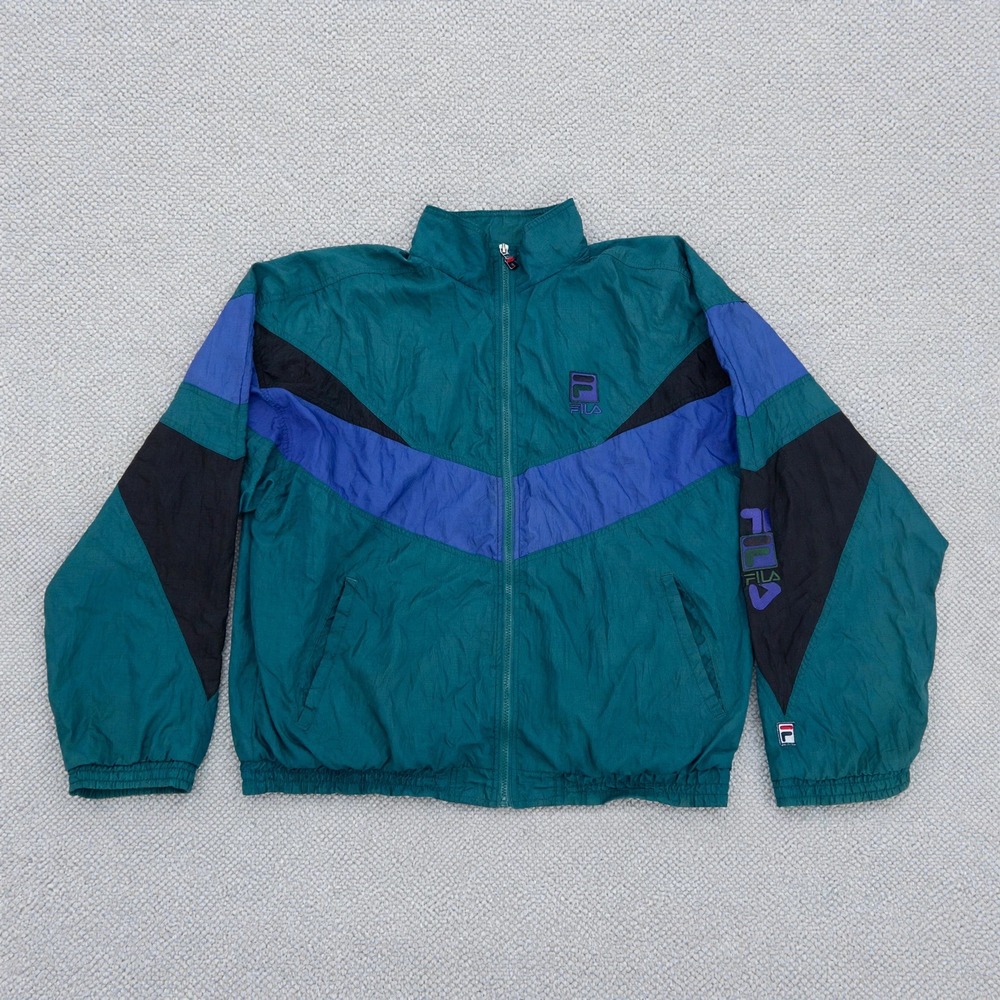 Vintage FILA Windbreaker Track Jacket Colorblock Teal Blue Black Nylon Men's XL